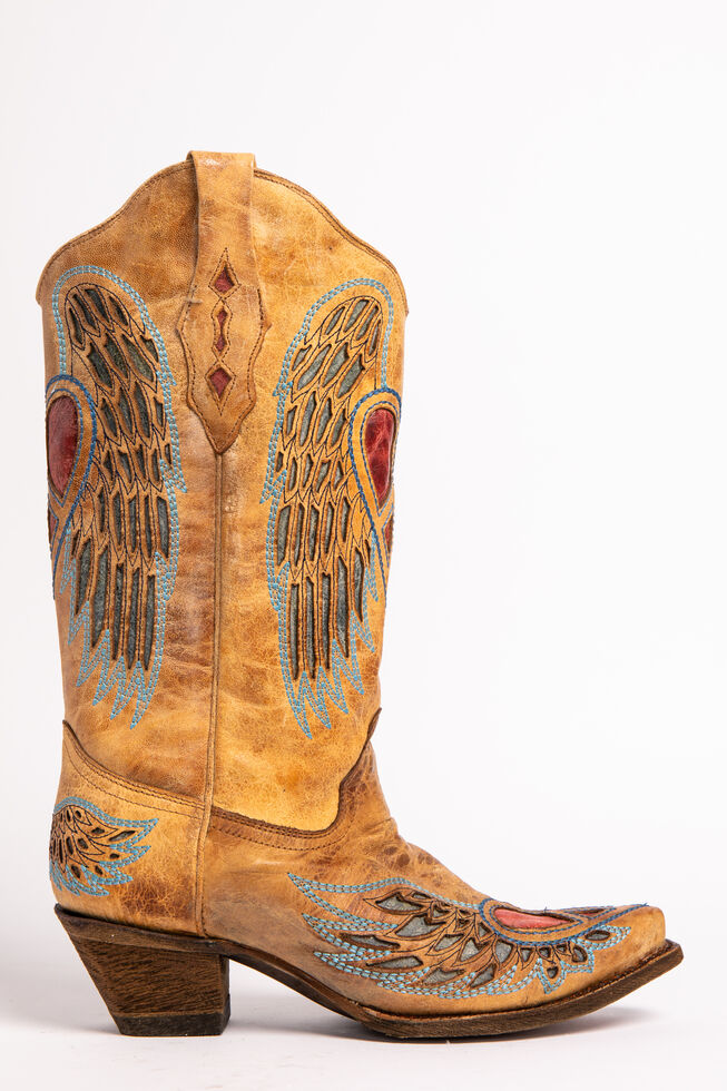 Corral Heart Angel Wing Cowgirl Boots - Snip Toe, Antique Saddle, hi-res