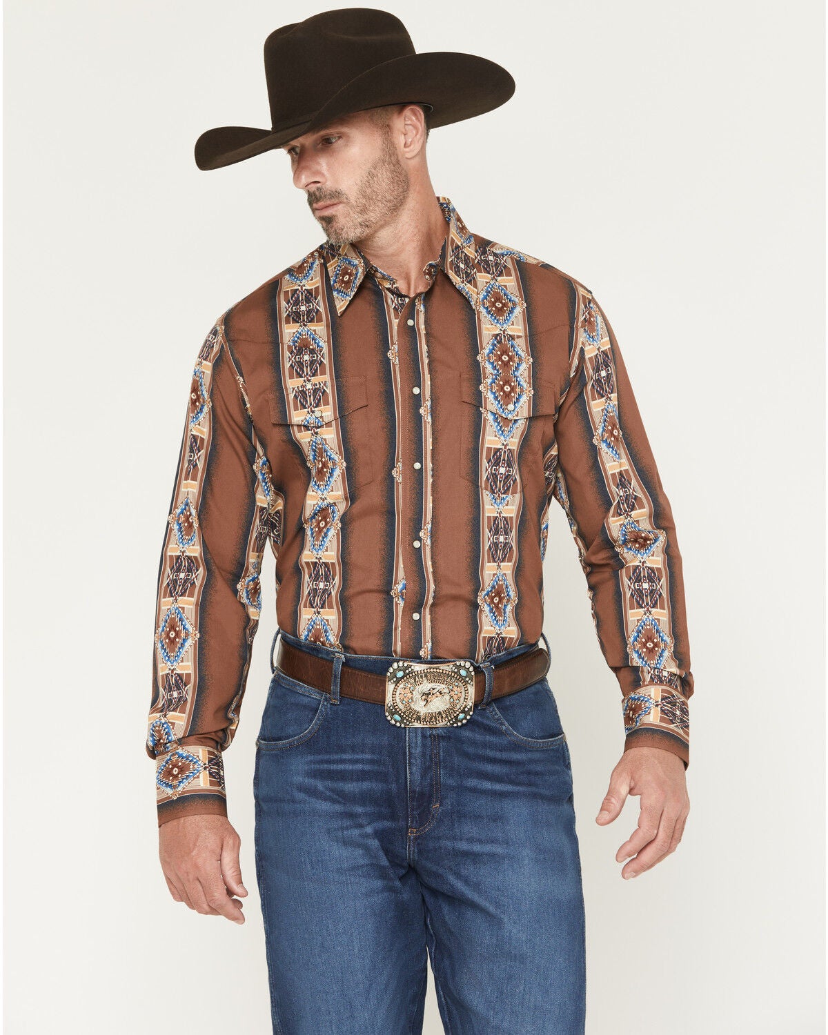 Wrangler Men's Checotah Southwestern Print Long Sleeve Snap Western Shirt, Brown, hi-res