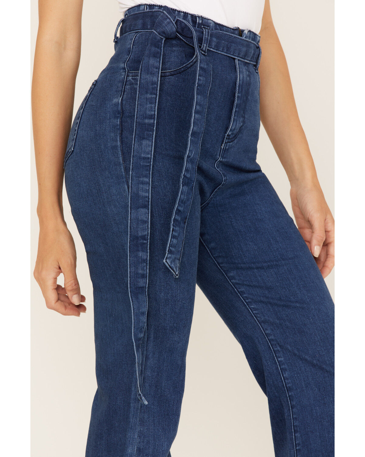 Image #2 - Flying Tomato Women's High Rise Self Belt Flare Leg Jeans, Blue, hi-res