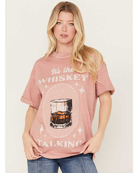 Image #1 - Girl Dangerous Women's It's The Whiskey Talking Relaxed Short Sleeve Graphic Tee, Pink, hi-res