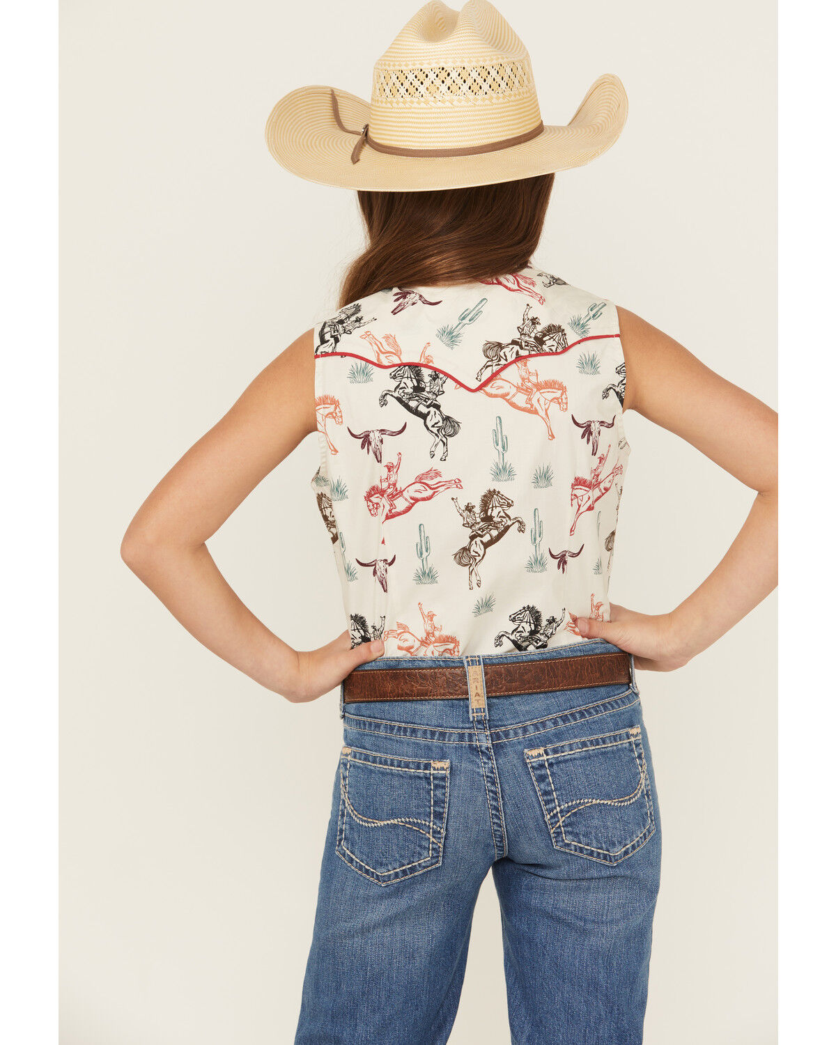 Image #4 - Rock & Roll Denim Girls' Conversation Print Sleeveless Snap Stretch Western Shirt, Ivory, hi-res