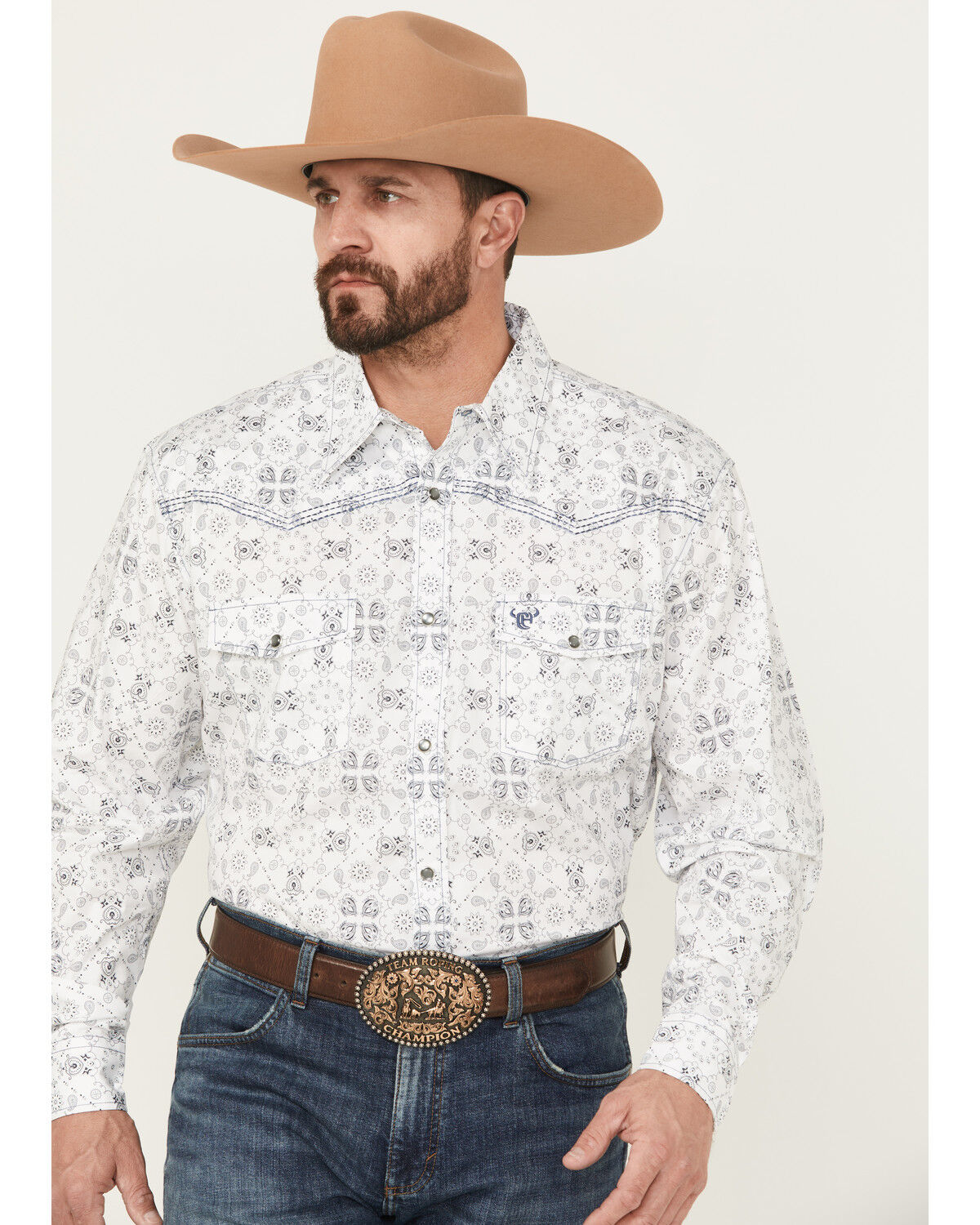 Image #1 - Cowboy Hardware Men's Bandana Print Long Sleeve Pearl Snap Stretch Western Shirt, White, hi-res