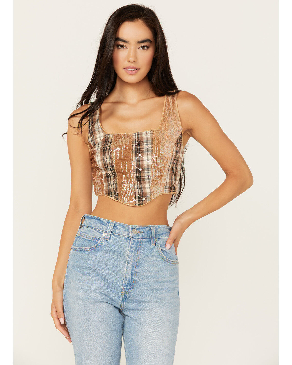 Image #1 - Miss Me Women's Sequins Plaid Print Cropped Tank, Rust Copper, hi-res