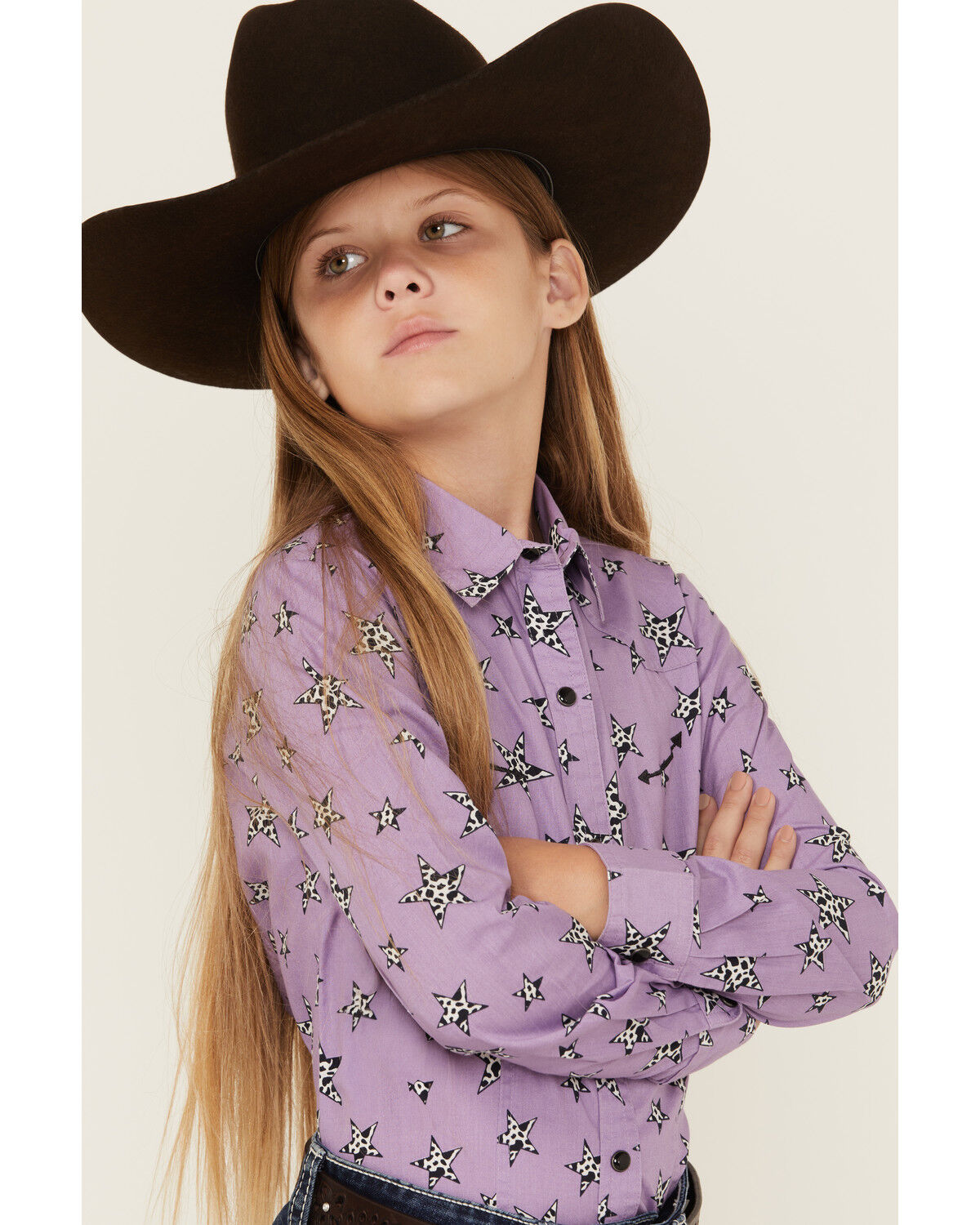 Image #2 - Cruel Girl Girls' Star Print Long Sleeve Snap Western Shirt, Purple, hi-res