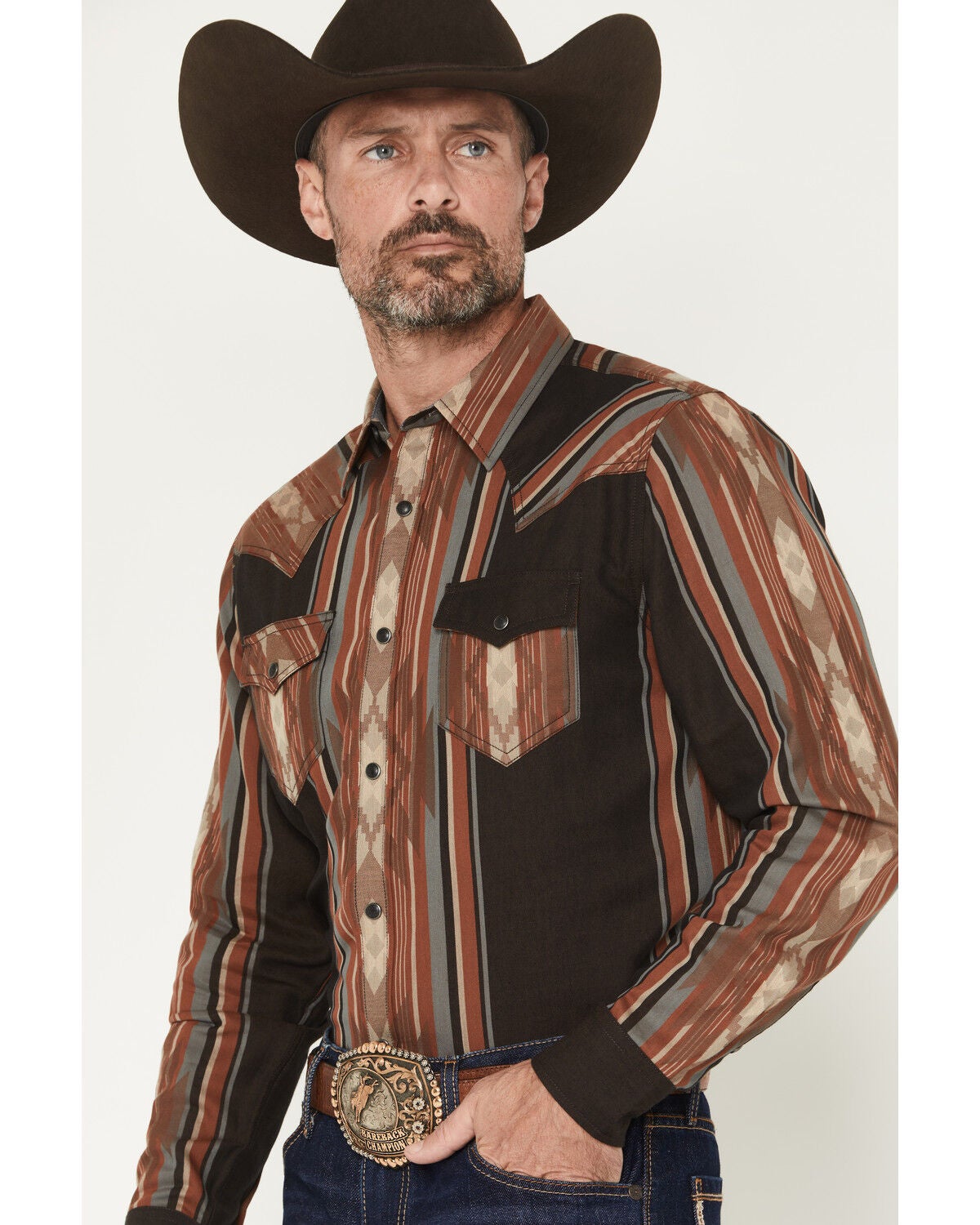 Image #2 - Cody James Men's Desert Trail Southwestern Stripe Print Long Sleeve Snap Western Shirt, Rust Copper, hi-res
