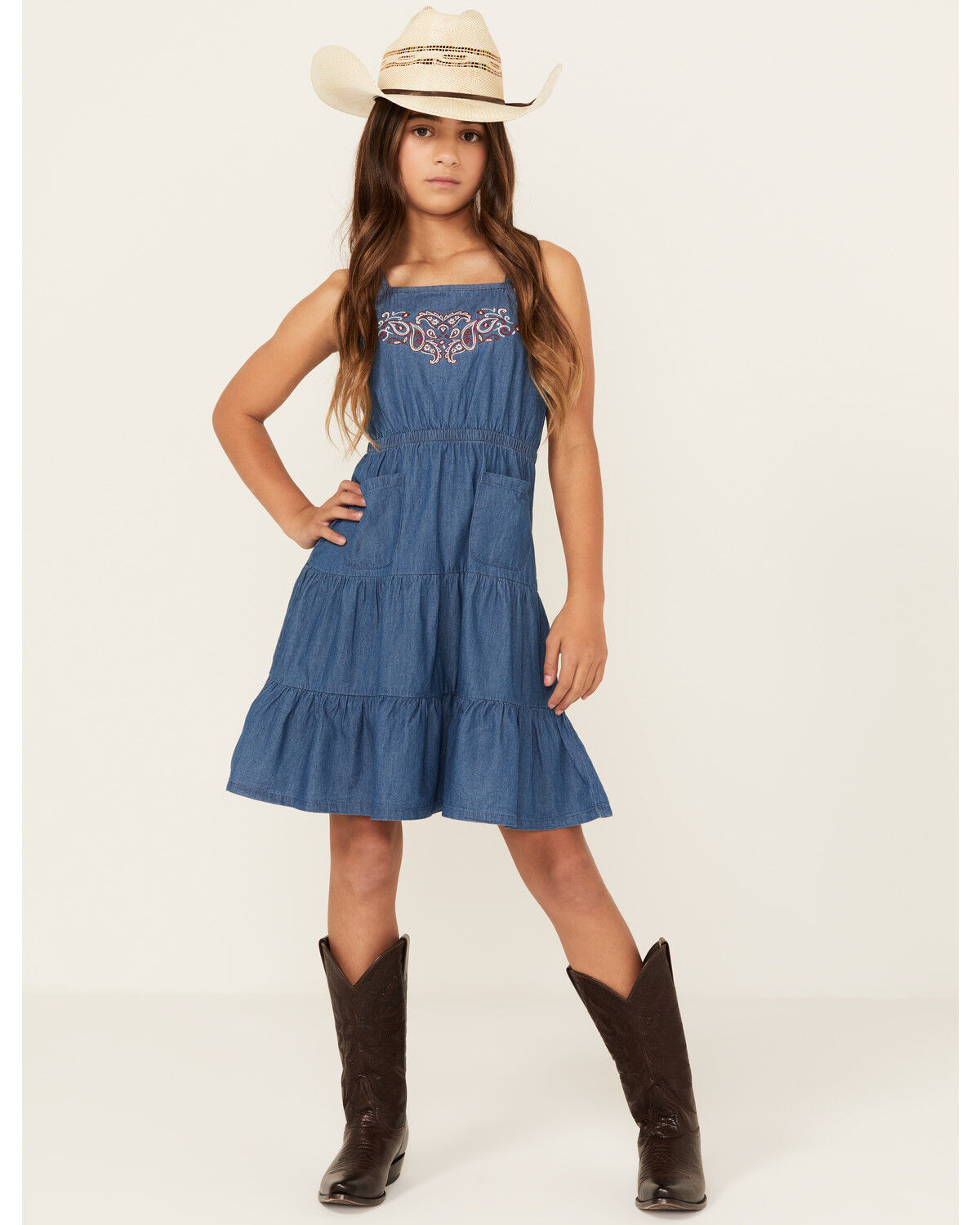 Image #1 - Shyanne Girls' Pinedale Paisley Embroidered Sleeveless Denim Ruffle Mini Dress, Medium Wash, hi-res