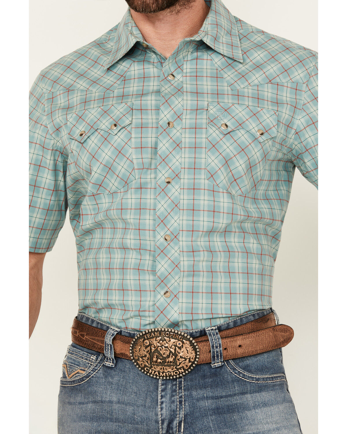 Image #3 - Wrangler Retro Men's Plaid Print Short Sleeve Snap Western Shirt, Turquoise, hi-res