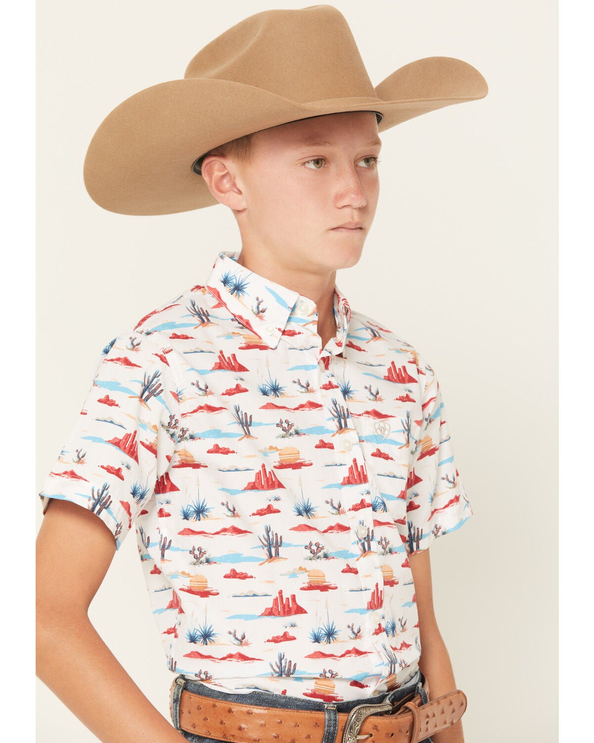 Image #2 - Ariat Boys' Desert Print Short Sleeve Button-Down Western Shirt, White, hi-res