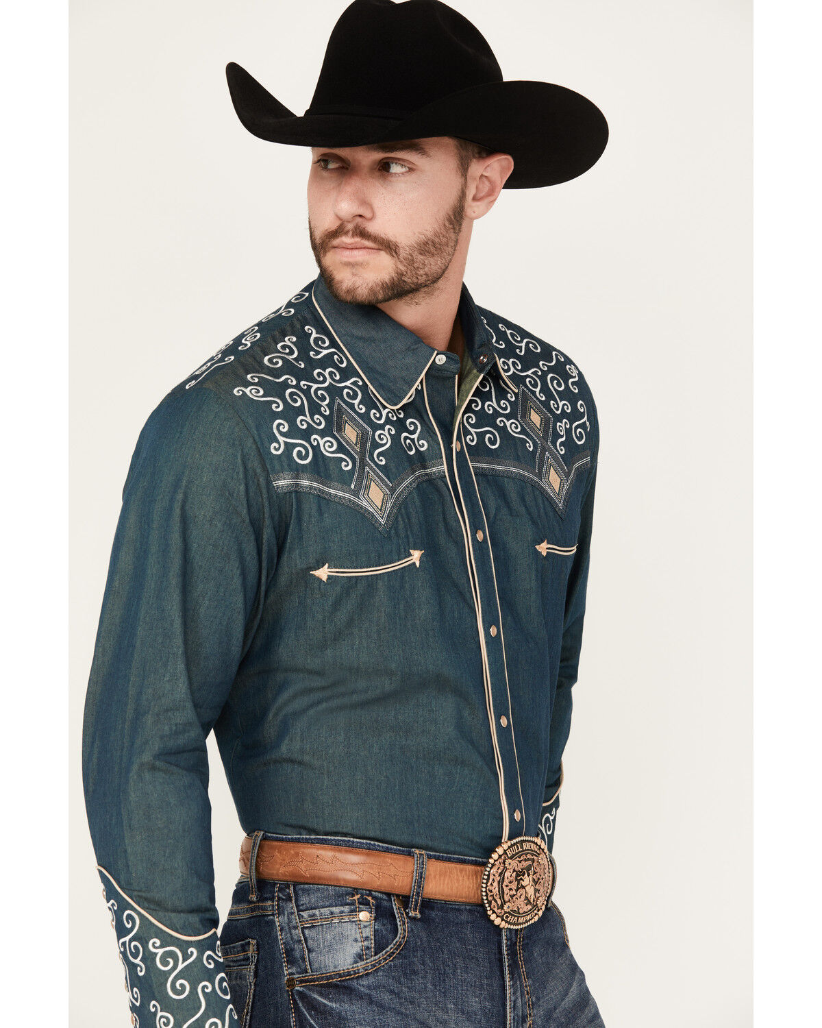 Image #2 - Scully Men's Denim Scroll Embroidered Long Sleeve Pearl Snap Western Shirt, Navy, hi-res
