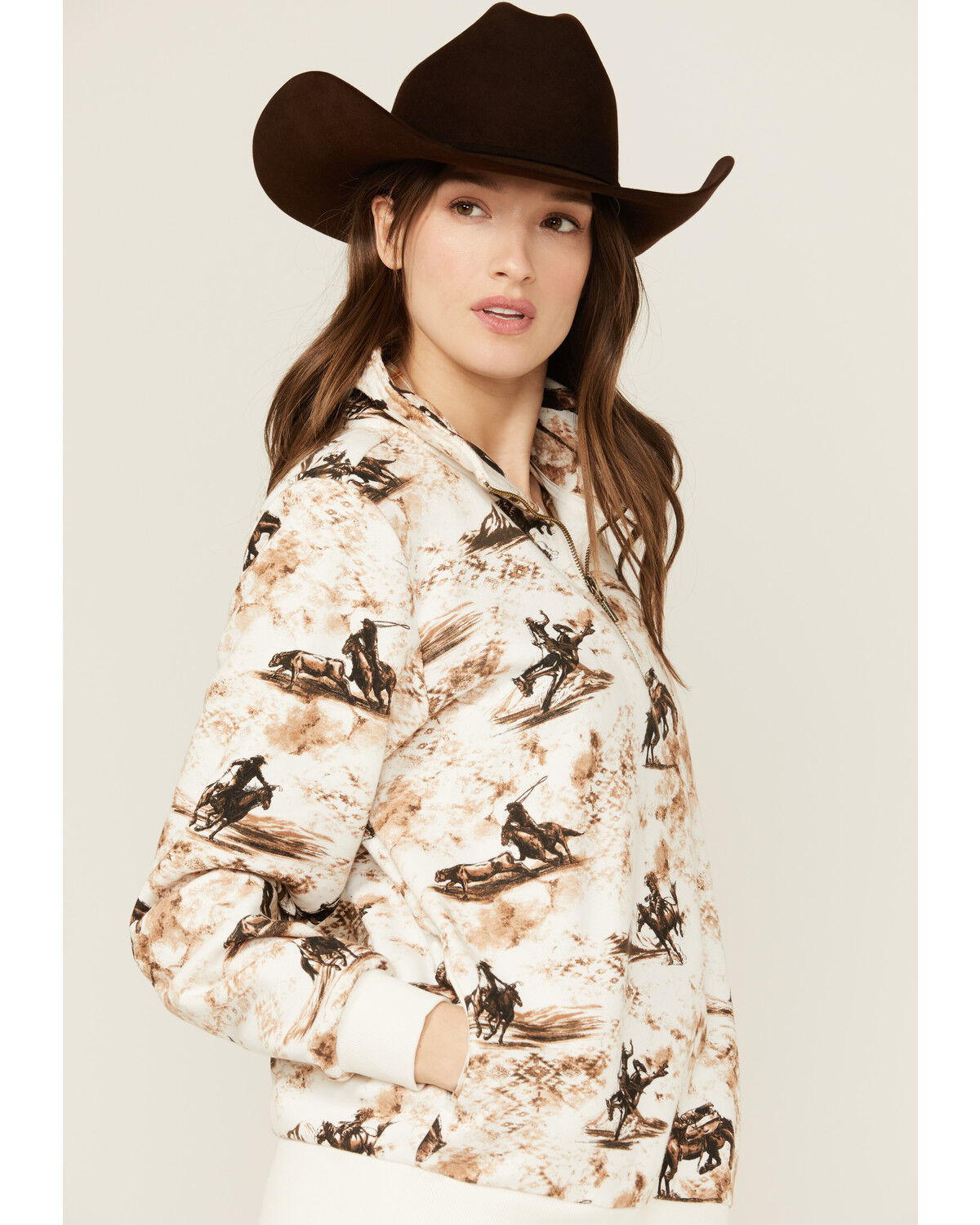 Image #2 - Wrangler Retro Women's Bronco Print 1/2 Zip Pullover, Cream, hi-res
