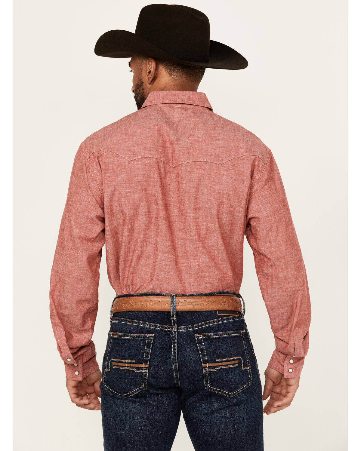 Image #4 - Wrangler Men's Vintage Chambray Solid Long Sleeve Snap Western Shirt, Red, hi-res