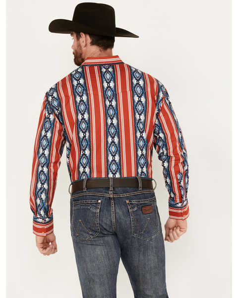 Image #4 - Wrangler Men's Southwestern Print Long Sleeve Pearl Snap Western Shirt, Red, hi-res