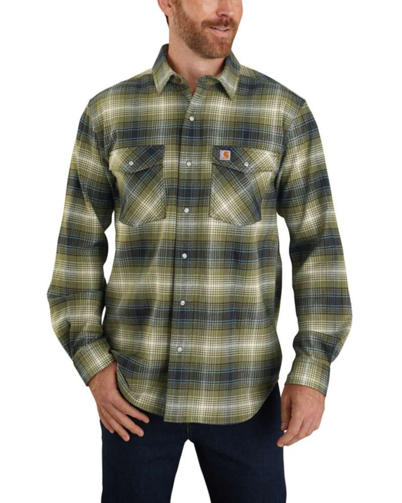 Carhartt Men's Rugged Flex Plaid Relaxed Long Sleeve Western Flannel Shirt - Tall, Green, hi-res