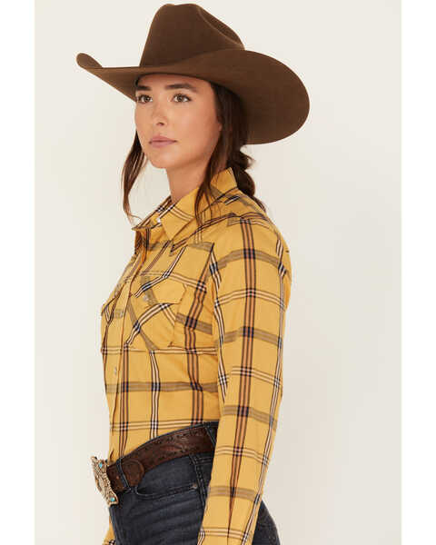 Wrangler Women's Plaid Print Long Sleeve Snap Western Shirt, Mustard, hi-res
