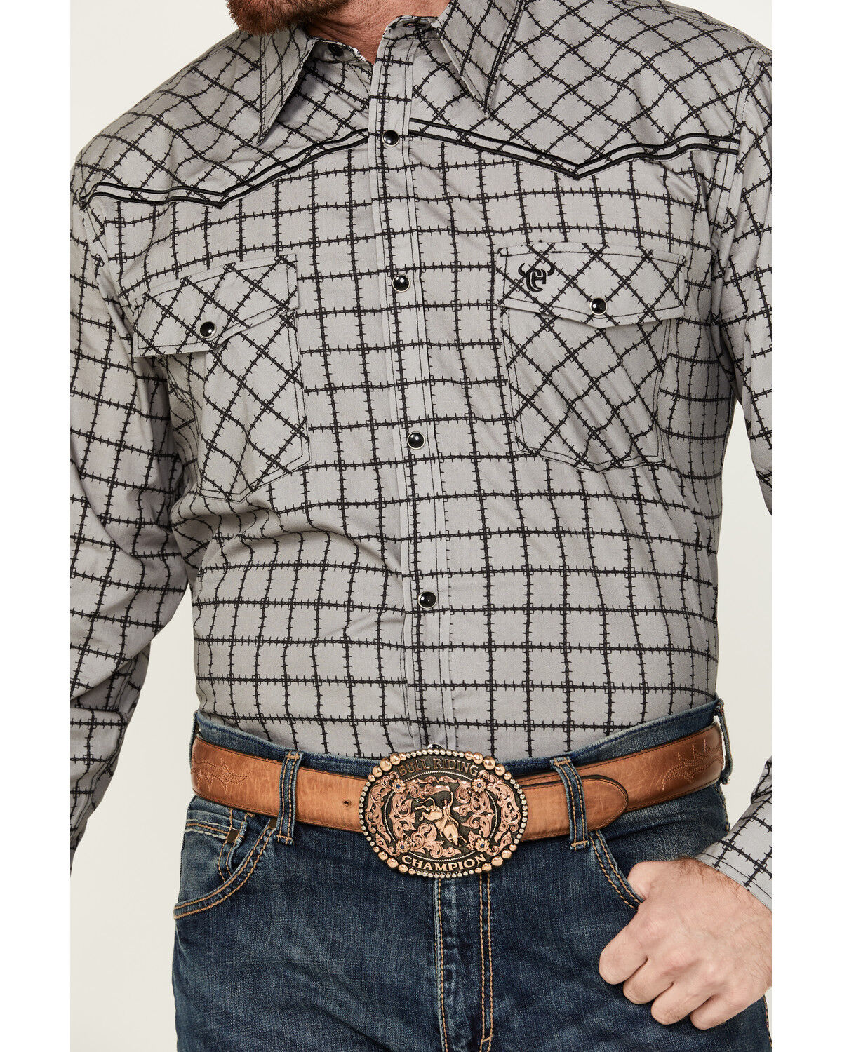Image #3 - Cowboy Hardware Men's Barbed Wire Print Long Sleeve Snap Western Shirt, Grey, hi-res