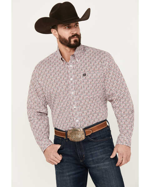 Image #1 - Cinch Men's Geo Print Long Sleeve Button Down Western Shirt, White, hi-res
