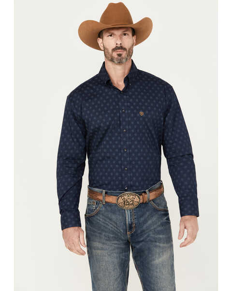 Rock & Roll Denim Men's Vintage 46 Geo Print Long Sleeve Button-Down Western Shirt, Dark Blue, hi-res