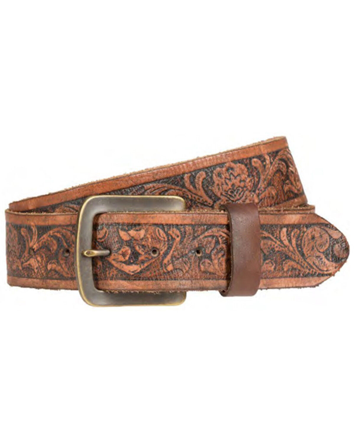 Image #1 - Wrangler Men's Cognac Distressed Embossed Belt, , hi-res