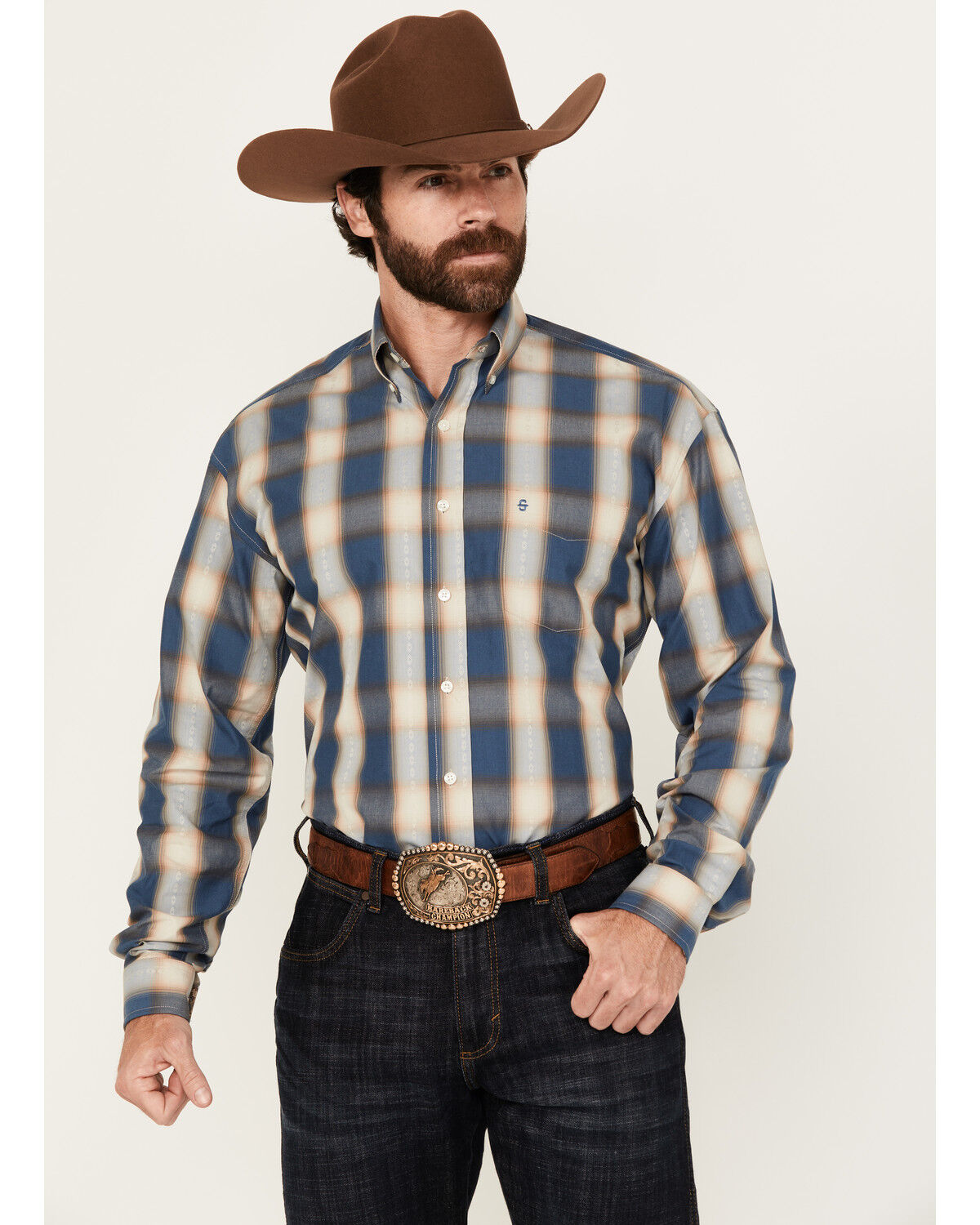 Image #1 - Stetson Men's Dobby Print Long Sleeve Button-Down Western Shirt, Blue, hi-res