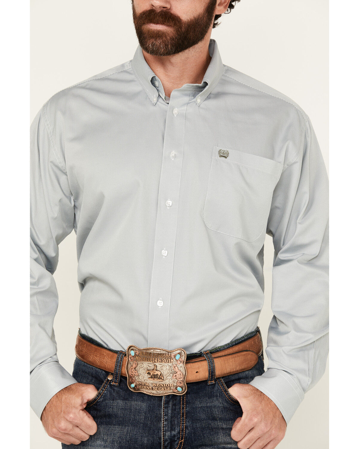 Image #3 - Cinch Men's Micro Striped Long Sleeve Button-Down Western Shirt, Teal, hi-res