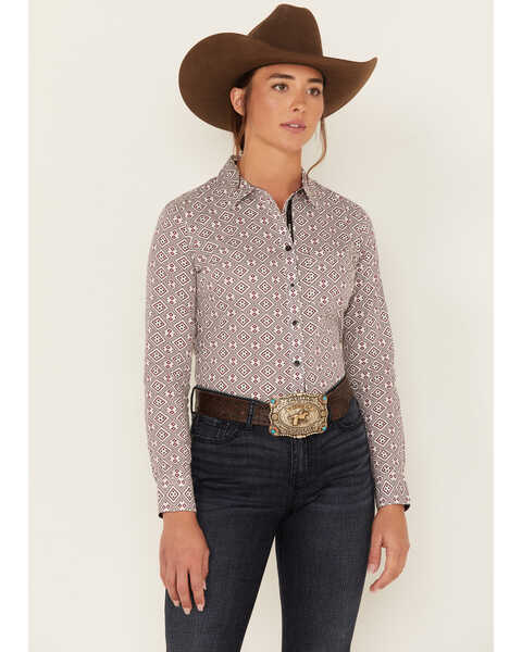 RANK 45® Women's Geo Print Long Sleeve Button-Down Stretch Riding Shirt, Ivory, hi-res