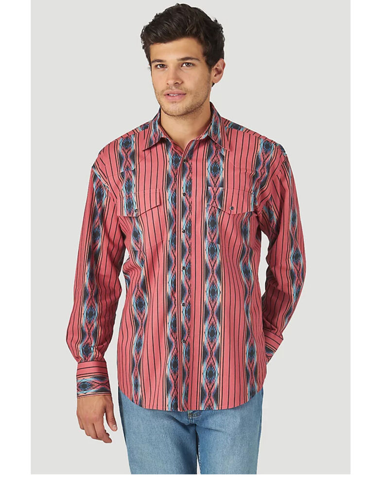 Wrangler Men's Checotah Southwestern Print Long Sleeve Snap Western Shirt , Red, hi-res