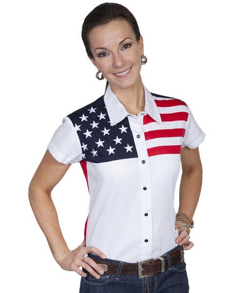 Scully Women's American Flag Print Short Sleeve Snap Top, White, hi-res