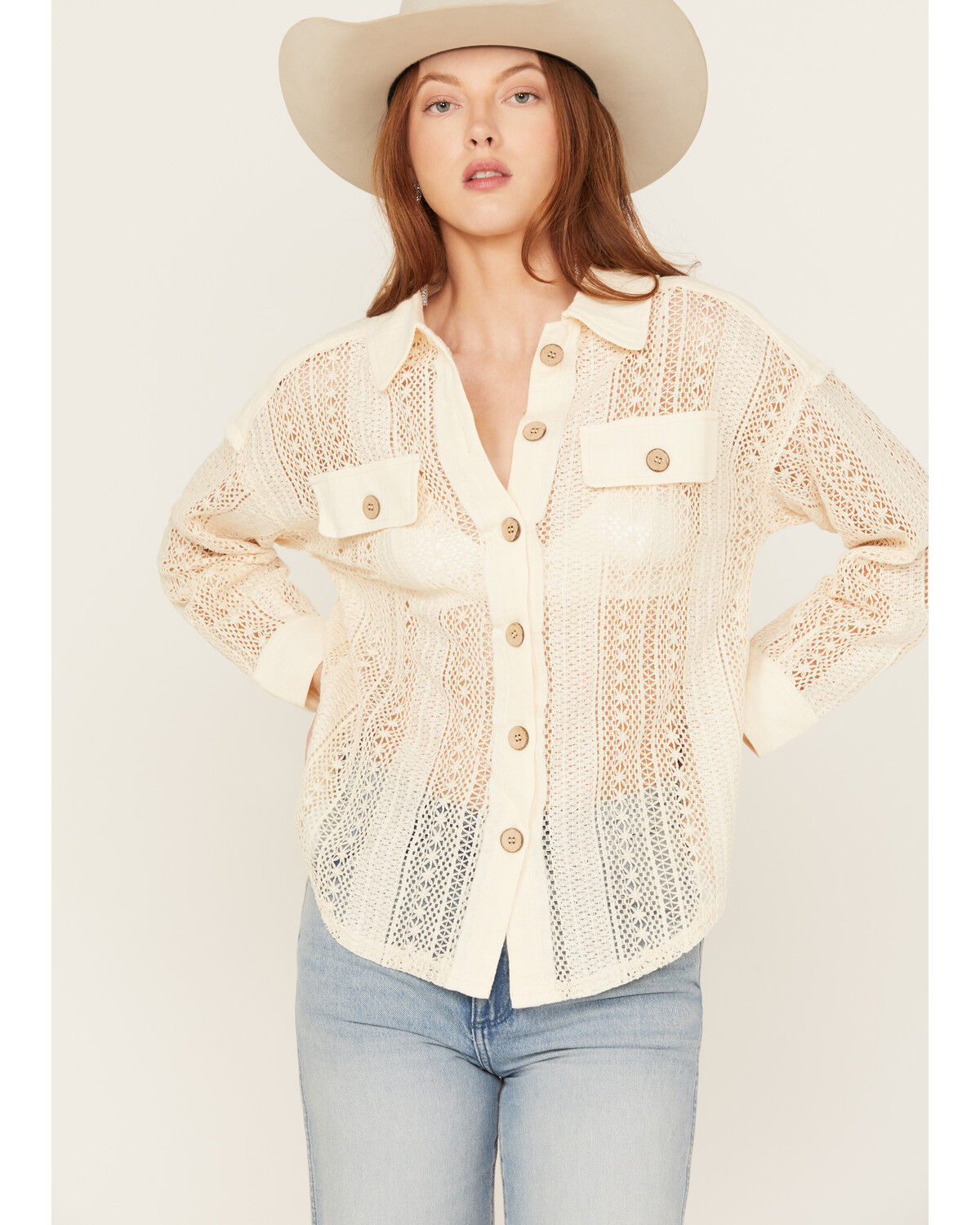 Image #1 - Very J Women's Crochet Button-Down Shirt, , hi-res