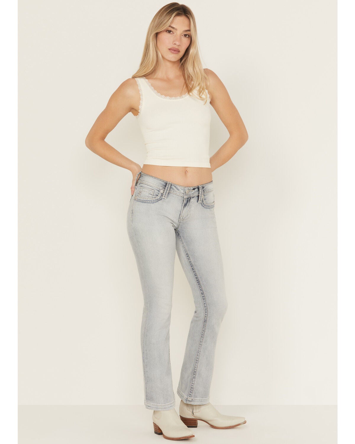 Image #3 - Miss Me Women's Light Wash Mid Rise 32" Bootcut Stretch Denim Jeans, Light Wash, hi-res