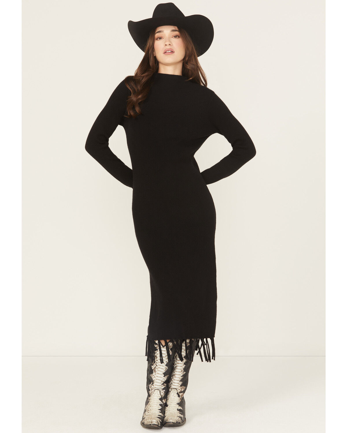 Image #1 - Ariat Women's Alicia Long Sleeve Fringe Sweater Midi Dress, Black, hi-res