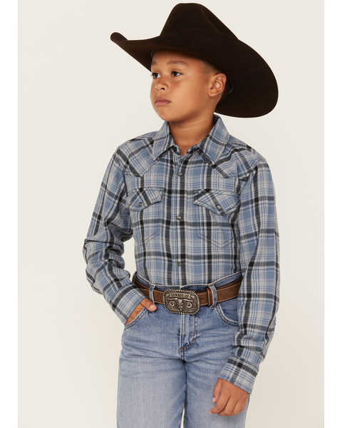 Image #1 - Cody James Boys' Plaid Print Long Sleeve Snap Western Flannel Shirt, Blue, hi-res