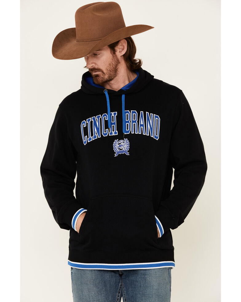 Cinch Men's Solid Black Logo Brand Hooded Sweatshirt , Black, hi-res