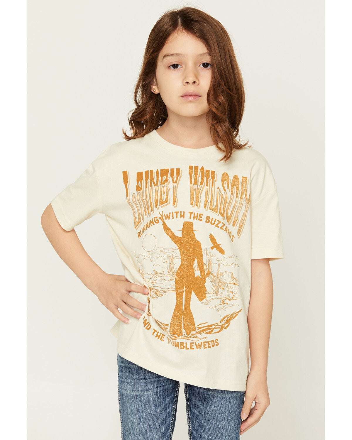 Image #1 - Wrangler X Lainey Wilson Girls' Silhouette Short Sleeve Graphic Tee, Cream, hi-res