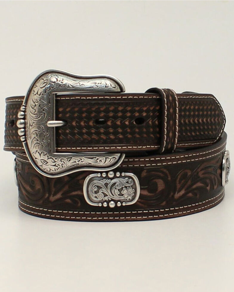 M & F Western Men's Tooled Basketweave Contrast Stitch Western Belt, Dark Brown, hi-res