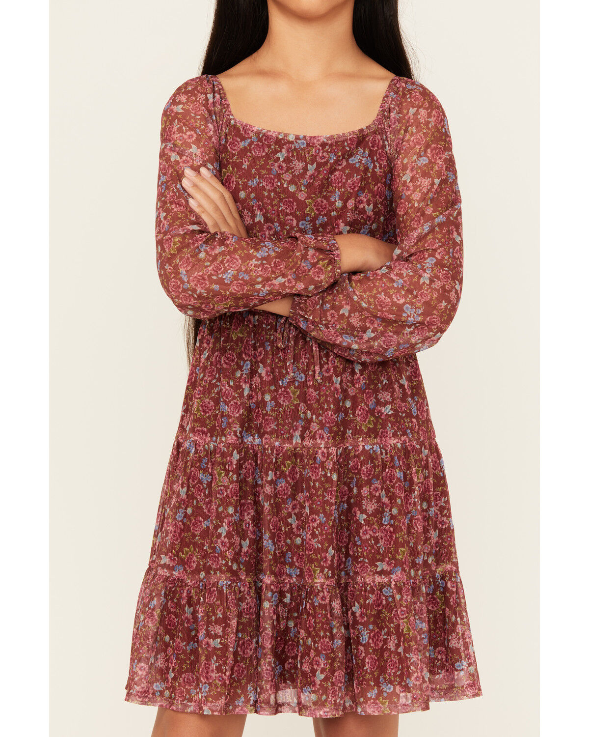 Image #3 - Shyanne Girls' Floral Print Mesh Long Sleeve Mini Dress, Brown, hi-res