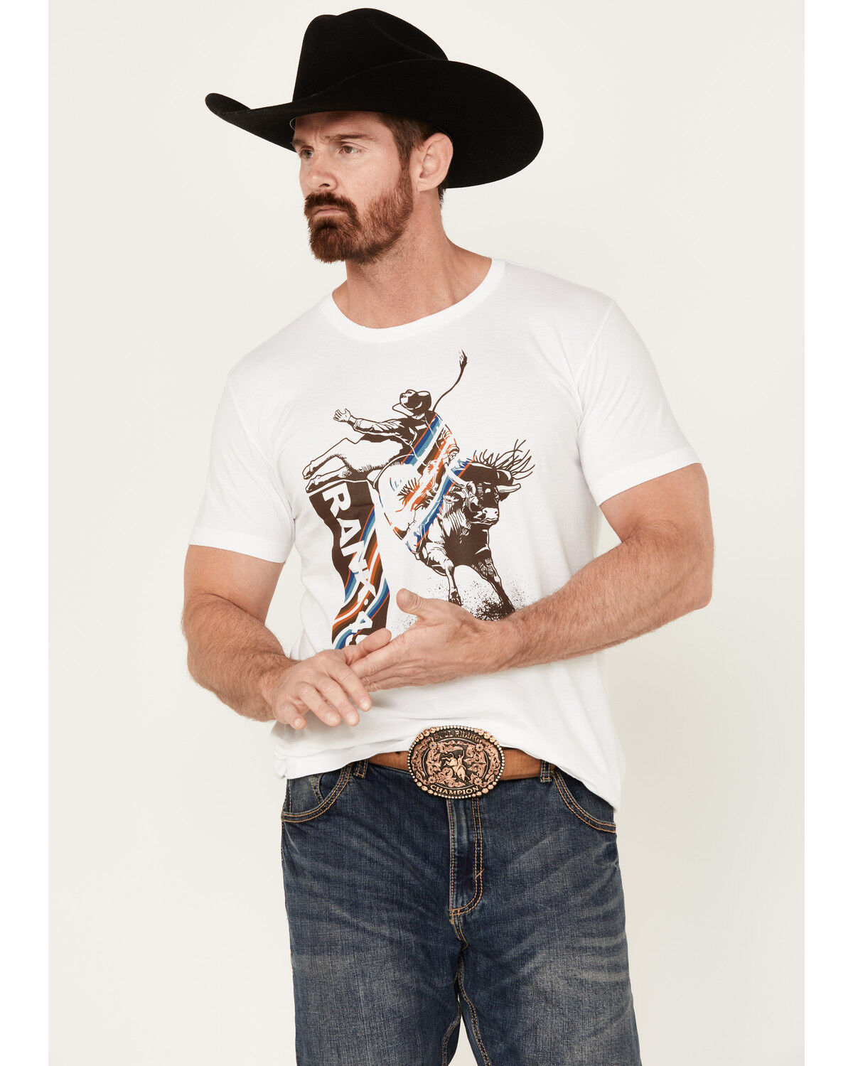 Image #1 - RANK 45® Men's Neil Holmes Bull Rider Short Sleeve Graphic T-Shirt, White, hi-res