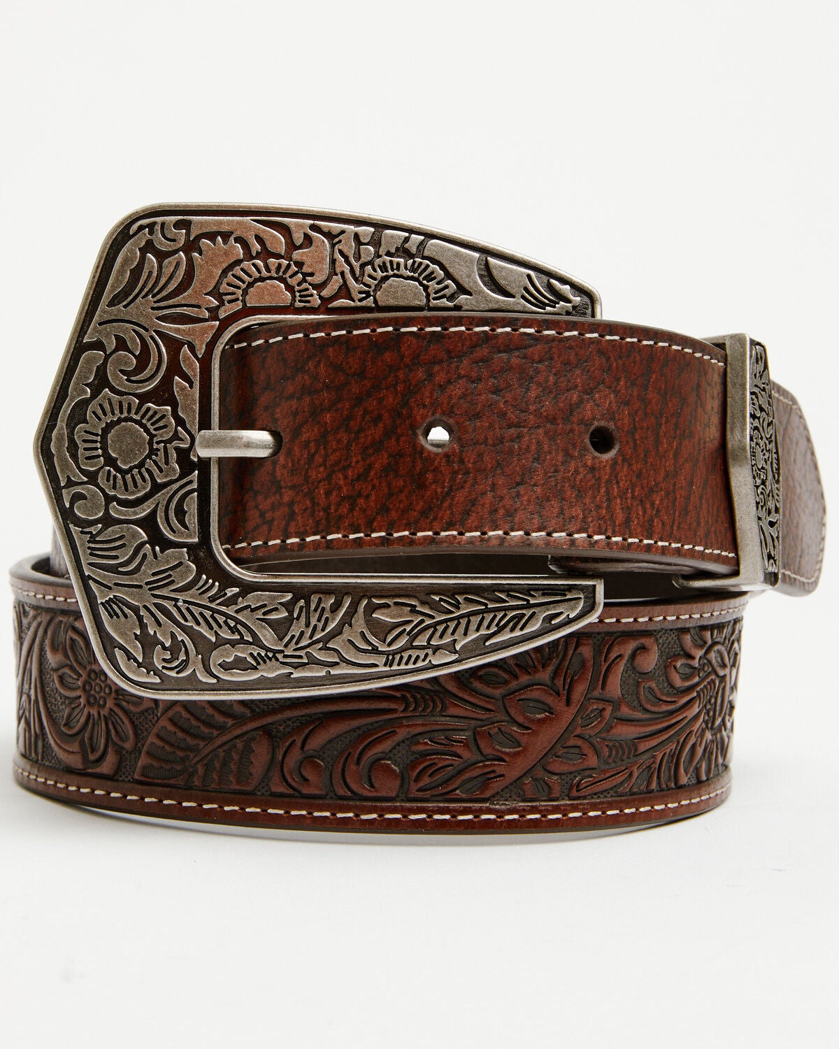 Shyanne Women's Floral Tooled Leather Belt, Brown, hi-res