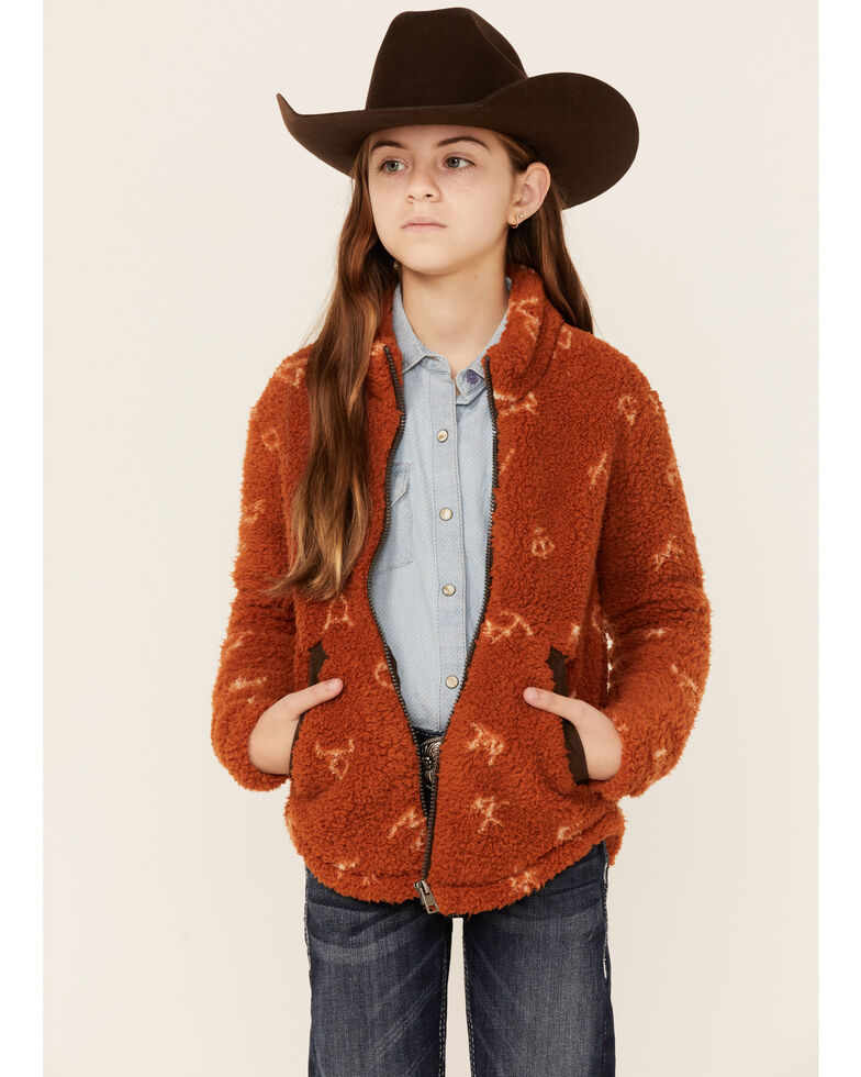 Cruel Girl Girl's Orange Branding Print Zip-Front Fleece Jacket , Orange, hi-res