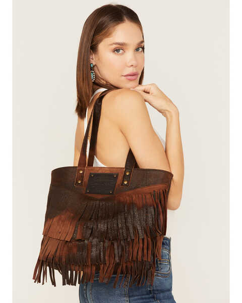 Corral Women's Fringe Distressed Leather Tote, Chocolate, hi-res