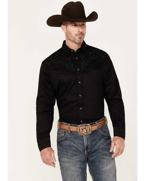 Rodeo Clothing Men's Embroidered Long Sleeve Snap Western Shirt, Black, hi-res