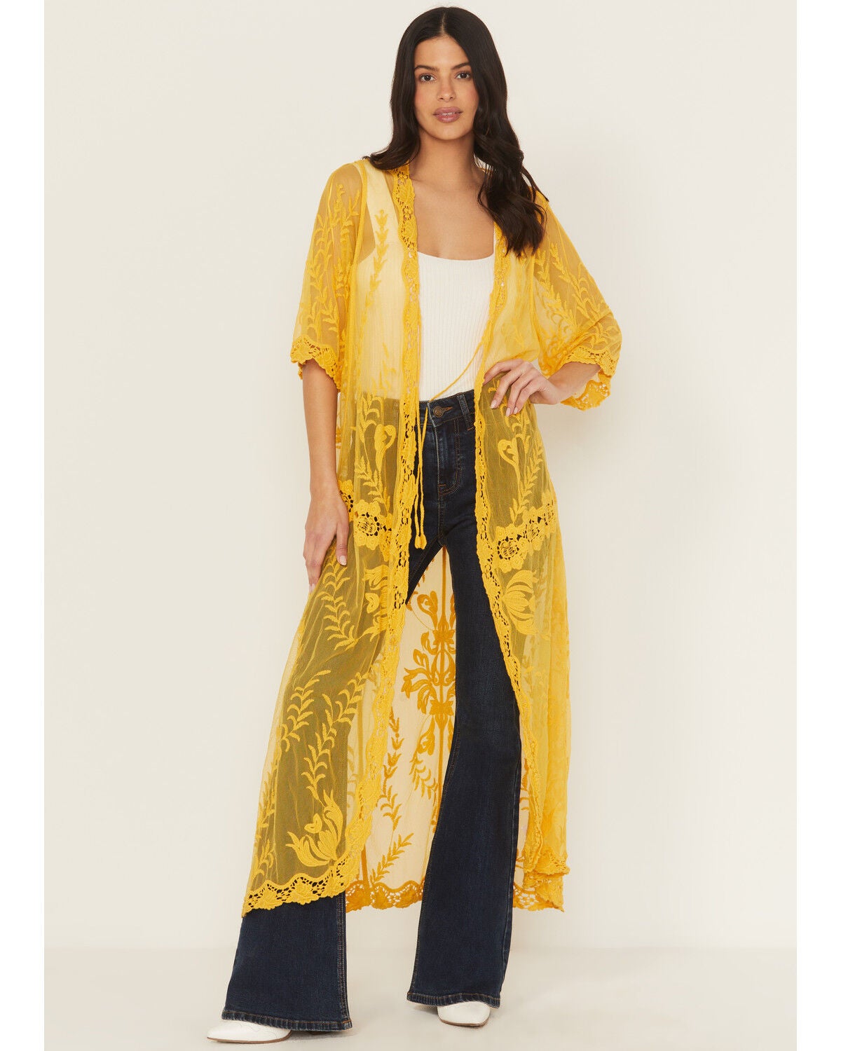 Shyanne Women's Embroidered Mesh Kimono, Gold, hi-res