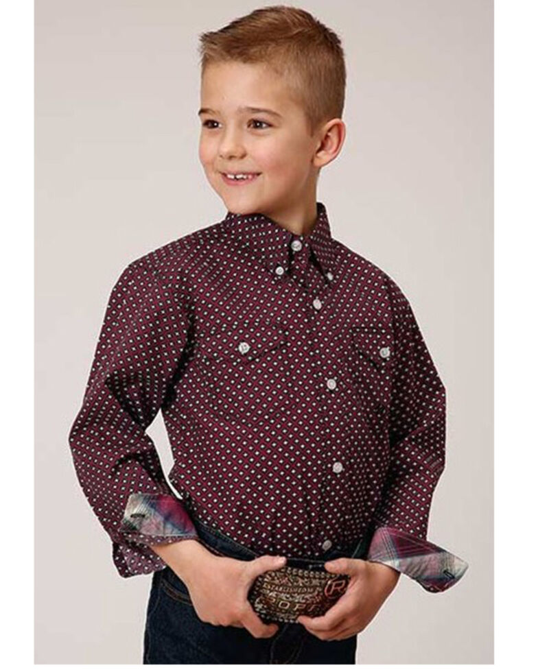 Roper Boys' Amarillo Diamond Geo Print Long Sleeve Button-Down Shirt, Wine, hi-res