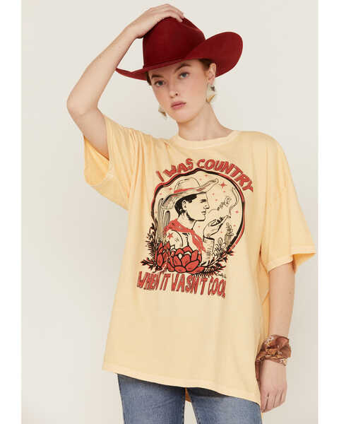 Image #1 - Country Deep Women's I Was Country When It Wasn't Cool Oversized Graphic Tee, Yellow, hi-res