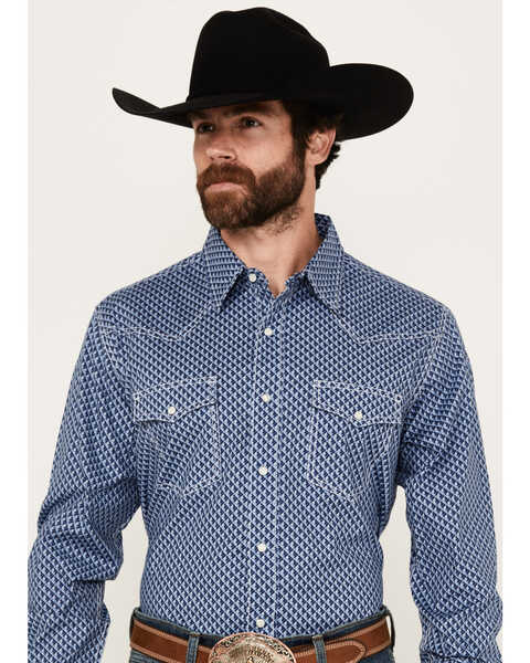 Wrangler 20X Men's Advanced Comfort Geo Print Long Sleeve Snap Western Shirt - Tall , Navy, hi-res