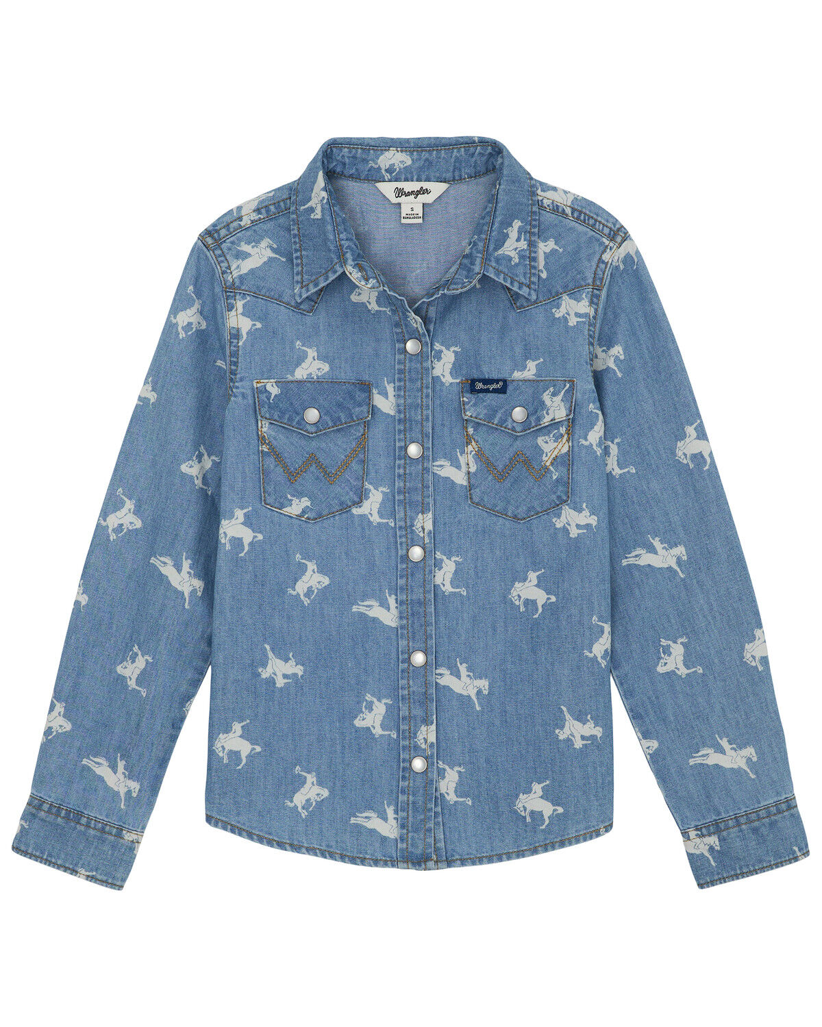 Image #1 - Wrangler Girls' Conversation Print Long Sleeve Snap Denim Western Shirt, Blue, hi-res