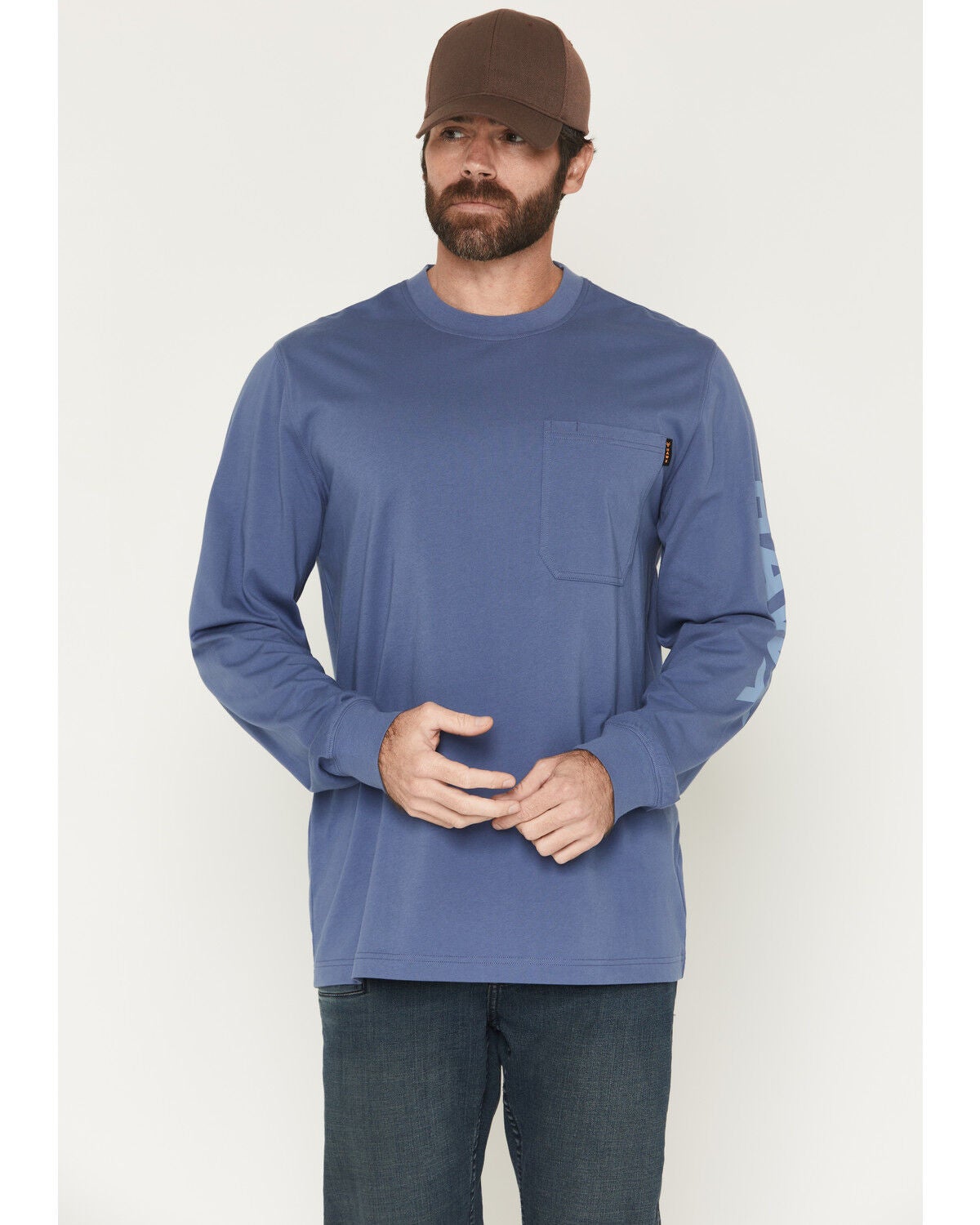 Image #1 - Hawx Men's Solid Graphic Logo Long Sleeve Work T-Shirt, Bright Blue, hi-res