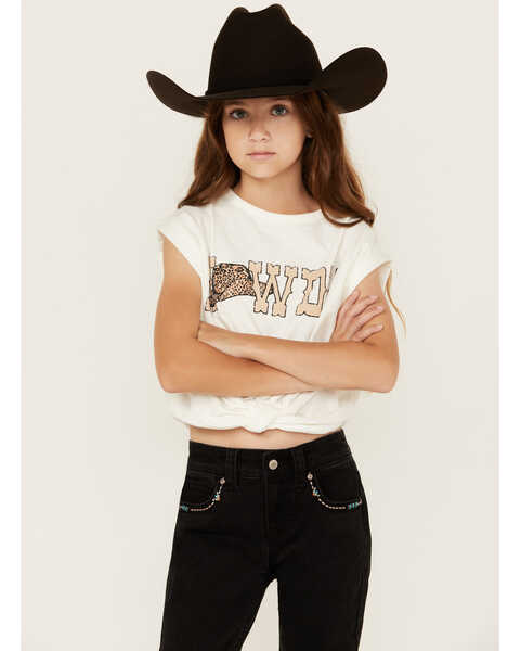 Image #1 - Saints & Hearts Girls' Howdy Tie Front Short Sleeve Graphic Tee, Ivory, hi-res
