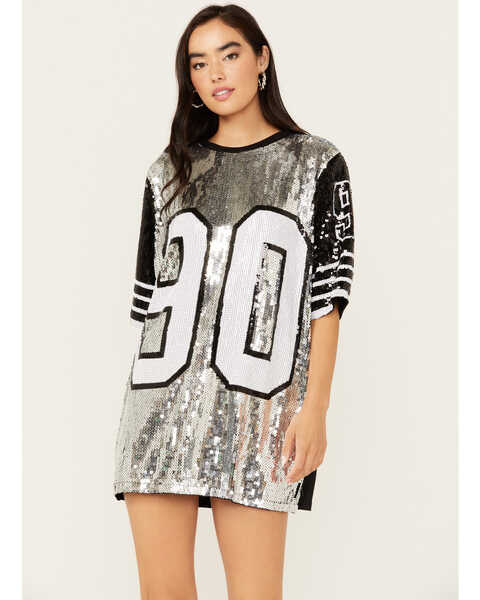 Image #1 - Why Dress Women's Game On Jersey Sequins Oversized Tee, Silver, hi-res
