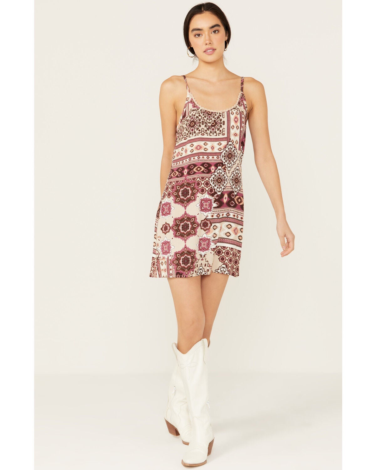 Shyanne Women's Printed Challis Mini Slip Dress, Taupe, hi-res