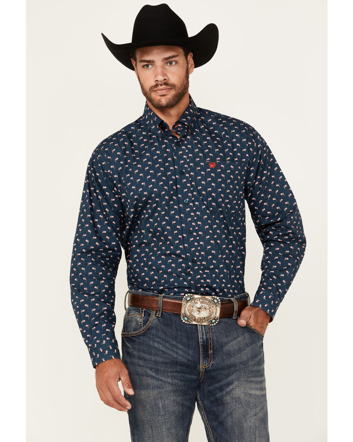 Image #1 - Cinch Men's Mini American Flag Print Long Sleeve Button-Down Western Shirt, Navy, hi-res